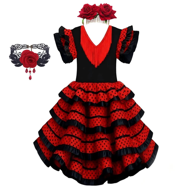 Girls Spanish Flamenco Dress Red Polka Dot Cake Puff Kids Carnival Halloween Party Stage Show Cosplay Festival Dance Costume