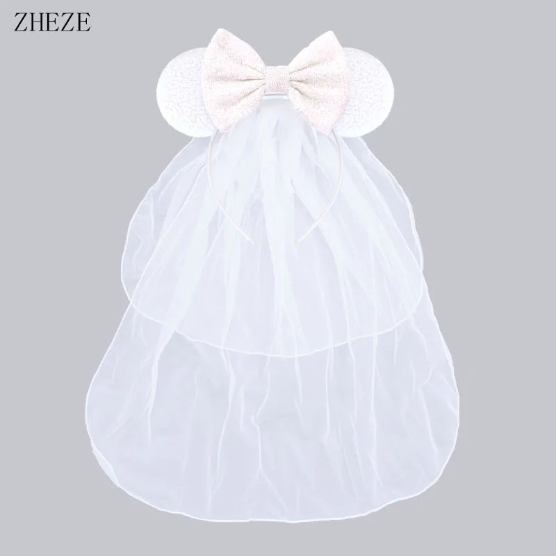 White Day Mouse Ears Headband With Veil Sequins 5"Bow Headwear For Women Festival Hairband Single Party DIY Hair Accessories