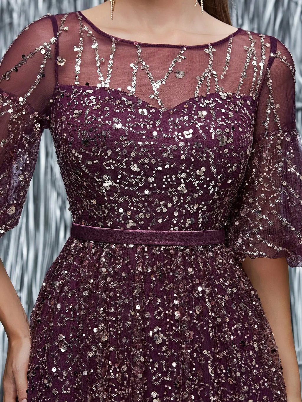 Mgiacy Round-neck semi-transparent sequined balloon sleeves long dress with wide skirt