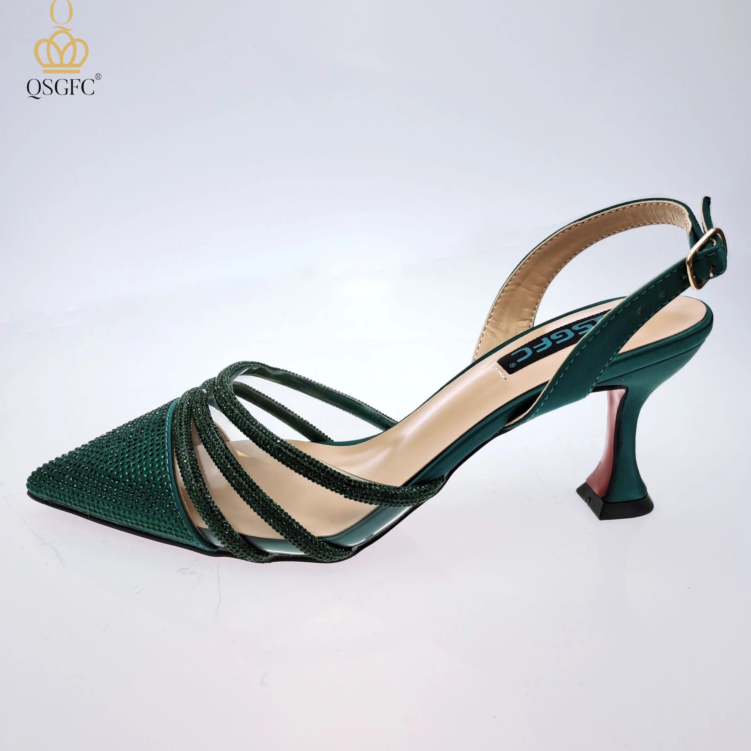 QSGFC Italian Design Nigeria New Trendy Full Diamond Embellished High Heels Peach Color Women's Bag and Shoes For Party Wedding