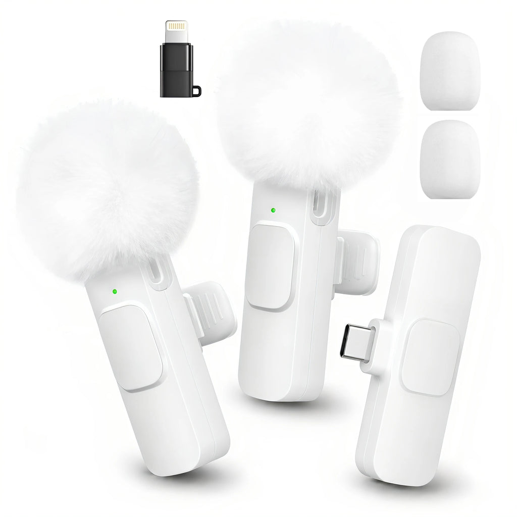 Wireless Mini Lavalier Clip Mic with Furry Windscreen, Dual‑Port Type‑C & Lightning Adapter for iPhone, Android, Tablets, Laptop