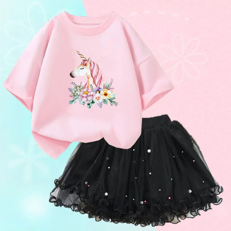 Fashion Summer Girls Outfits Pretty Ballet Dance Girl T-shirt and Tutu Skirt Set for Princess Clothes Suit Children Clothing