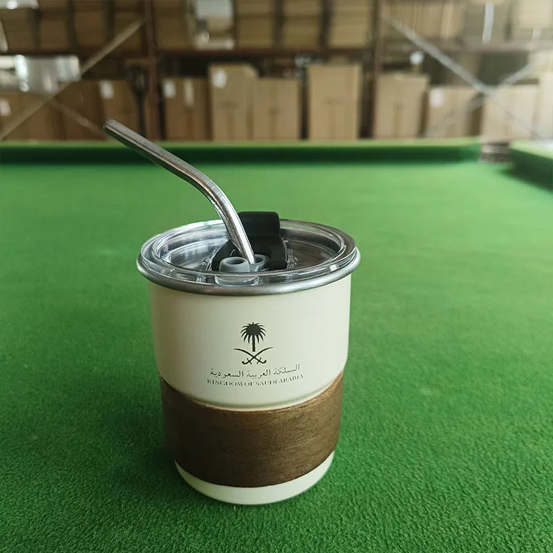 National Emblem of Saudi Arabia Logo Stainless Steel Cup Beer Mug with Lid wood 300ml Outdoor Camping Coffee Mug Includes straw