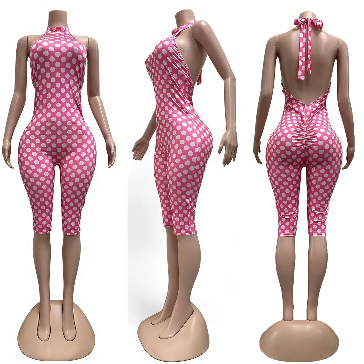 FLARORA Sexy Polka Dot Print Jumpsuit Woman Trend Halter Bandage Backless Sleeveless Peach Hip Skinny Elasticity Street Overalls