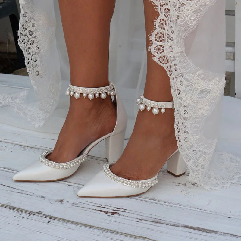 Pointed High Heels Thick Heel Sexy Pearl European and American Foreign Trade Large Size Women's Shoes
