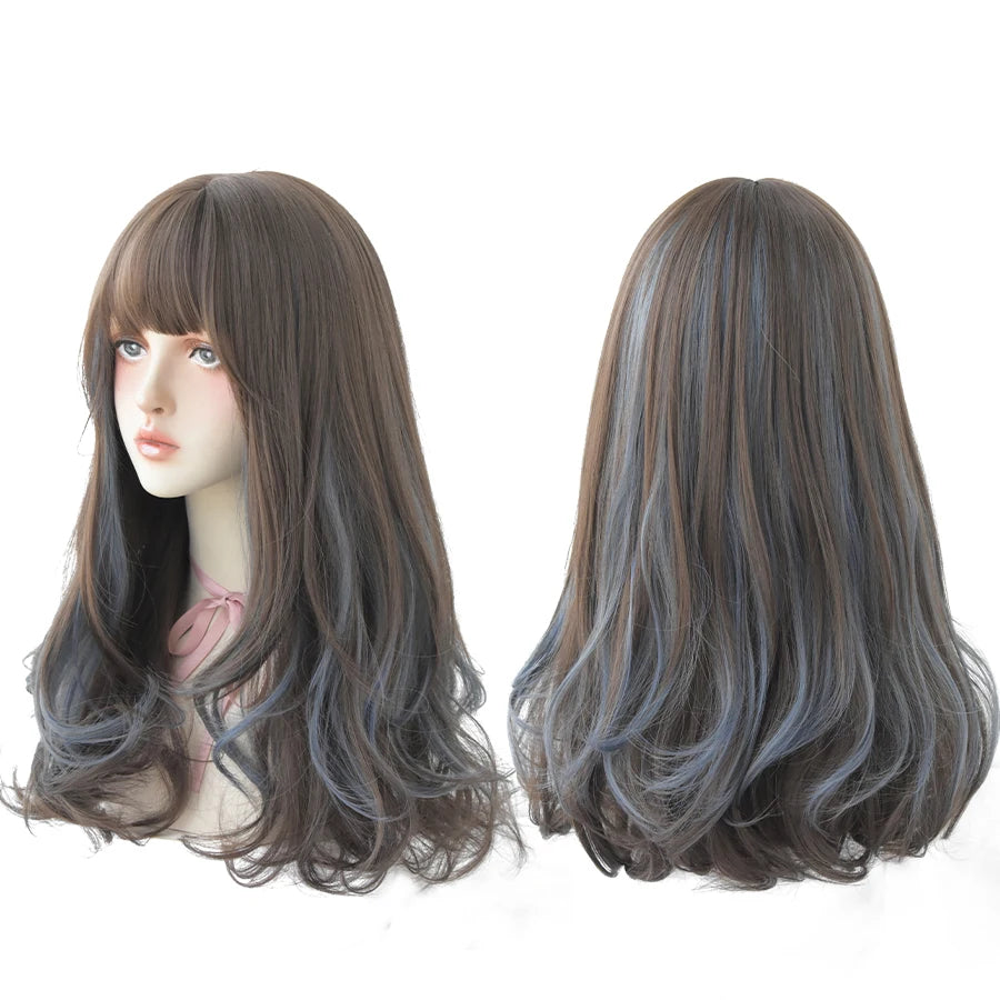 7JHH WIGS Long Wavy Curly Black Blonde Wig for Women Natural Highlight Synthetic Blend Wigs with Bangs Heat Resistant Hair Wig