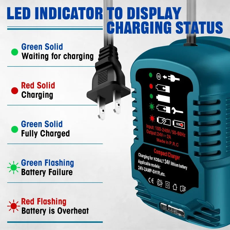 Portable Mini Rapid Charger Compatible for Kobalt/Greenworks/Snow Joe 24V Lithium Batteries Power Tool Battery Charger US Plug