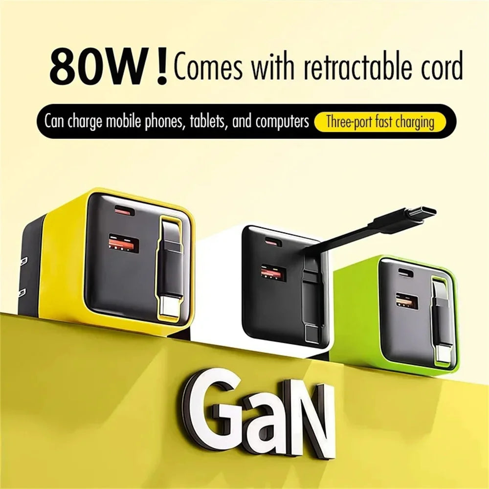 80W GaN USB Type C Charger Fast Charging With Built-in PD Cable USB C Quick Charger EU/US/UK Plug For iPhone 17 16 Xiaomi Huawei