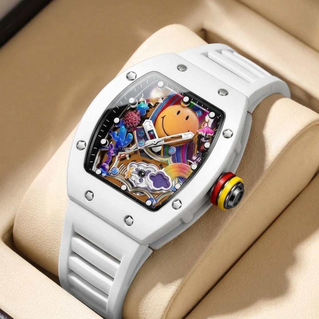 1 piece cute smiling face colorful pattern yellow strap square watch fashion personality trendy daily wear wristwatch