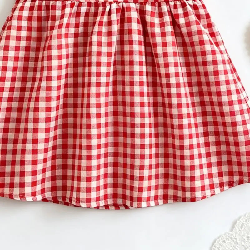 Baby Girl Dress Summer Red Checkered Cotton Girl Dress Cute Strawberry Lapel Girl Beach Dress