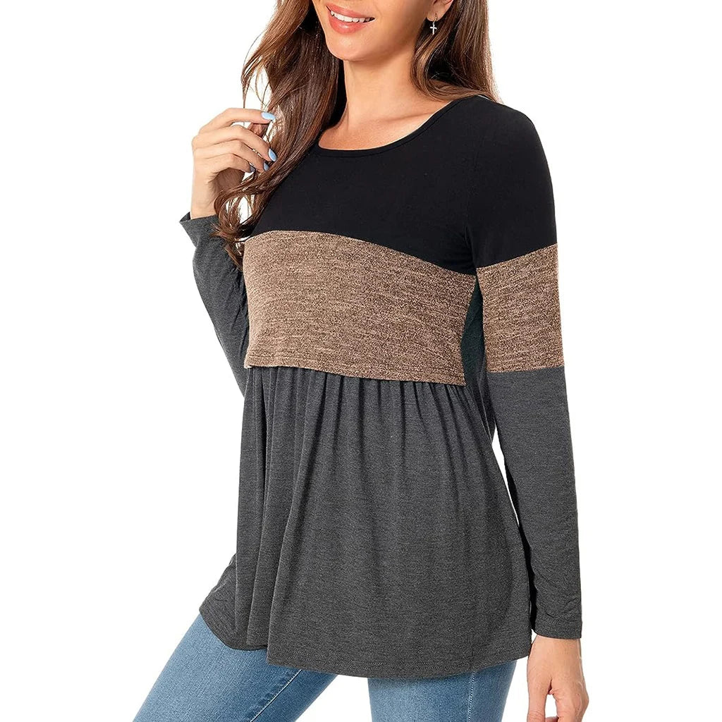 Maternity Nursing T Shirt Pregnant Womens Long Sleeve Patchwork Nursed Tops Blouse For Breastfeeding Pregnancy Clothes Pullover
