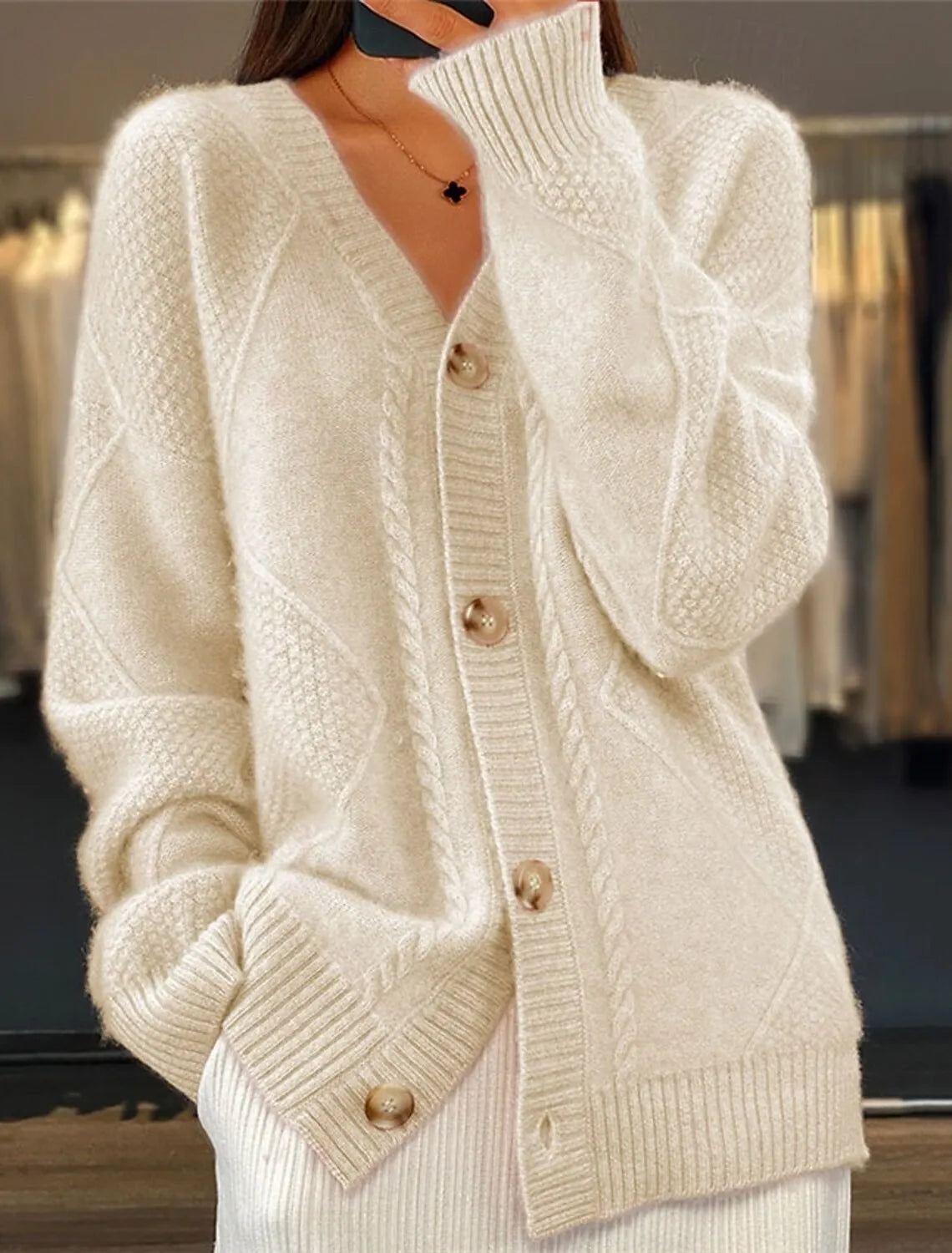 Women V Neck Cable Knit Cardigan Fuzzy Soft Long Sleeve Button Down Loose Casual Fall Winter Pocket Sweater Coat