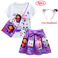 GabyDoll Cat house Girls Clothes Sets Summer Cats-tastic Tops+Bow Cartoon Print Skirt+Bag+Headband 4pcs Children's Clothing Suit