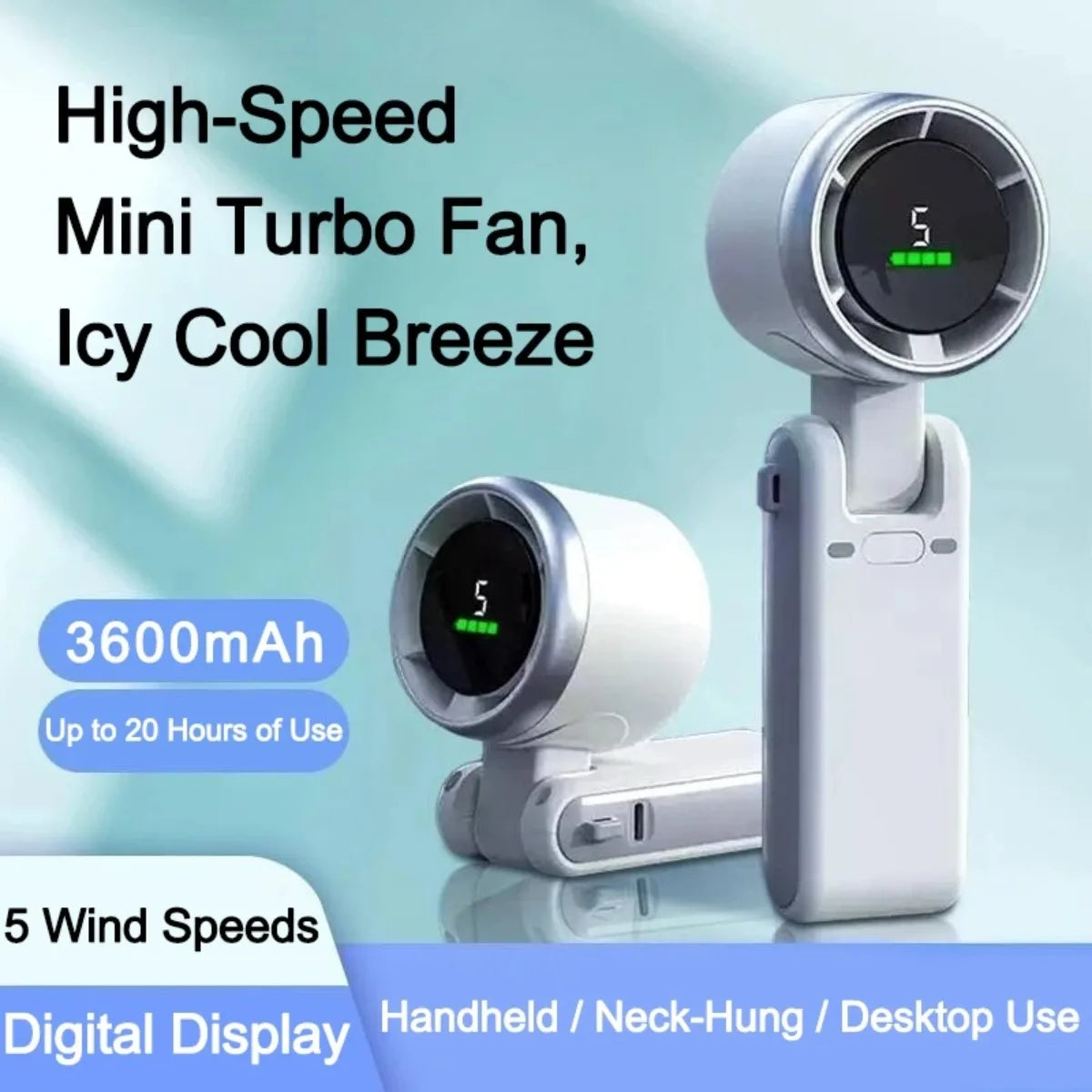 3600mAh Foldable Hand Fan Mini Handheld Turbo Fan Portable USB Rechargeable Desktop Folding Hanging Fan for Outdoor Camping