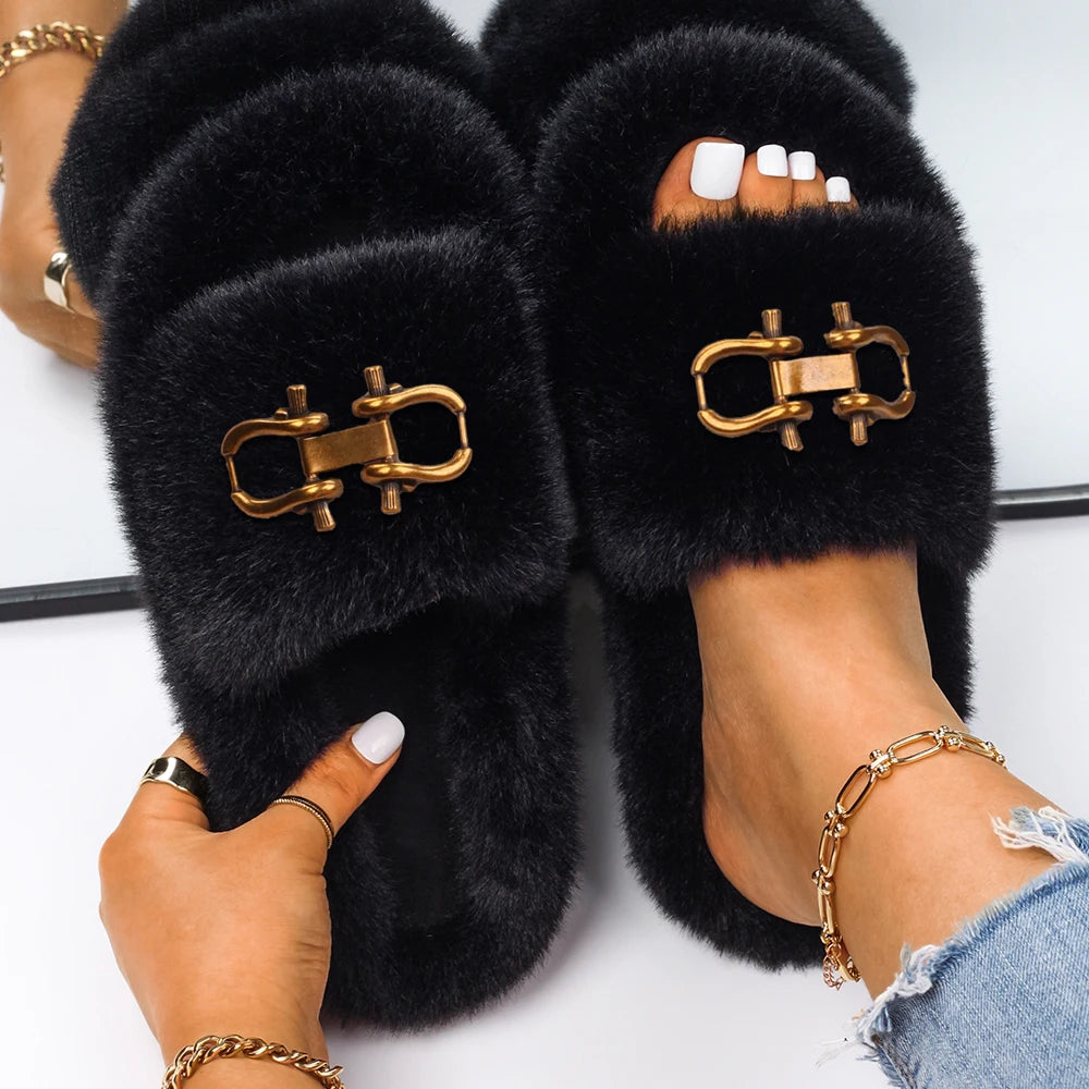 Fashion Slippers Women Buckle Decor Furry Slides Ladies Fluffy Flip Flops Luxury Designer Fur Sandals Cute Slippers Casual Shoes
