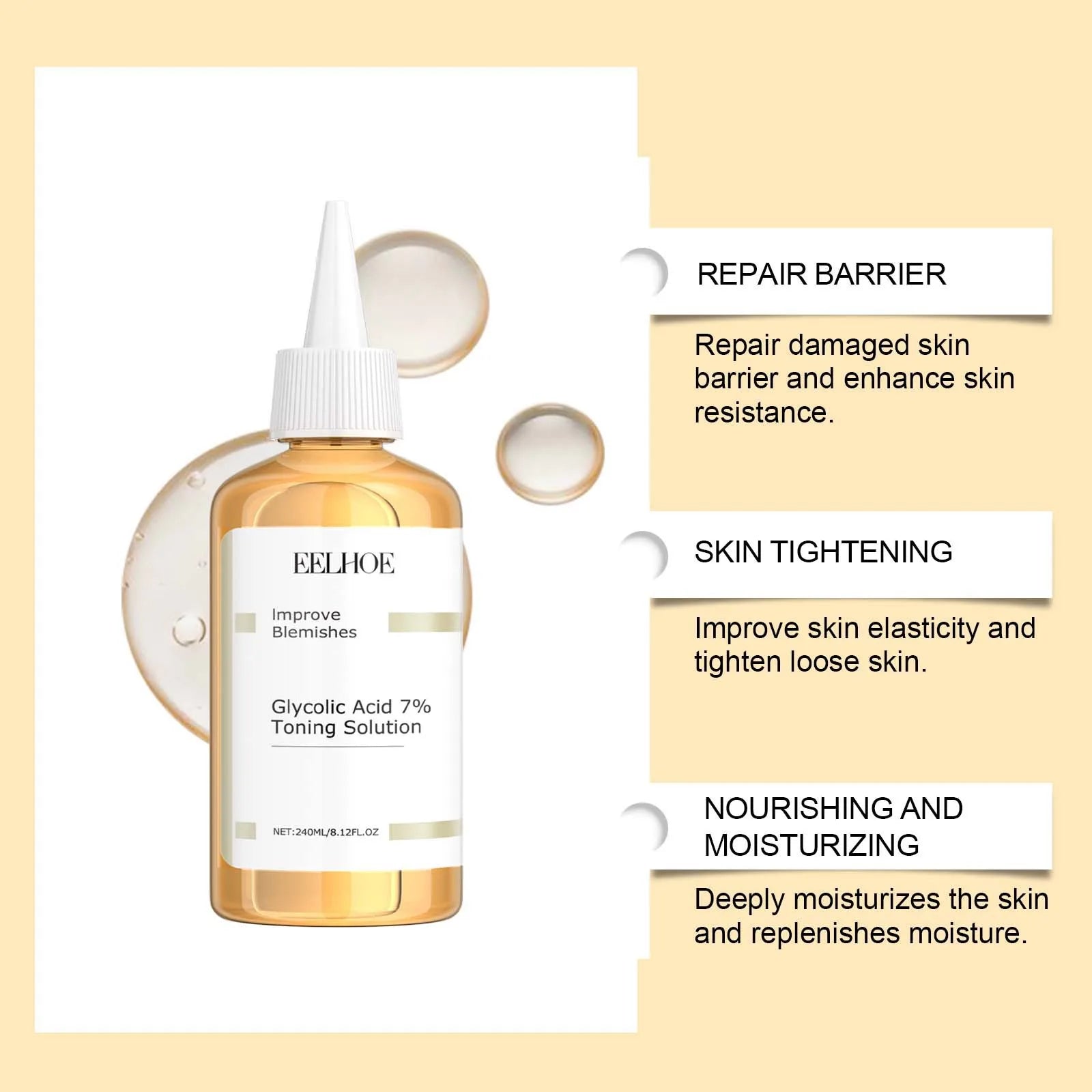 EELHOE  Glycolic Acid 7% Toning Face  Firming Skin Shrink Pores Glow Facial Oil-Control Relieve Dry Skin Care Acid Toner 240ml