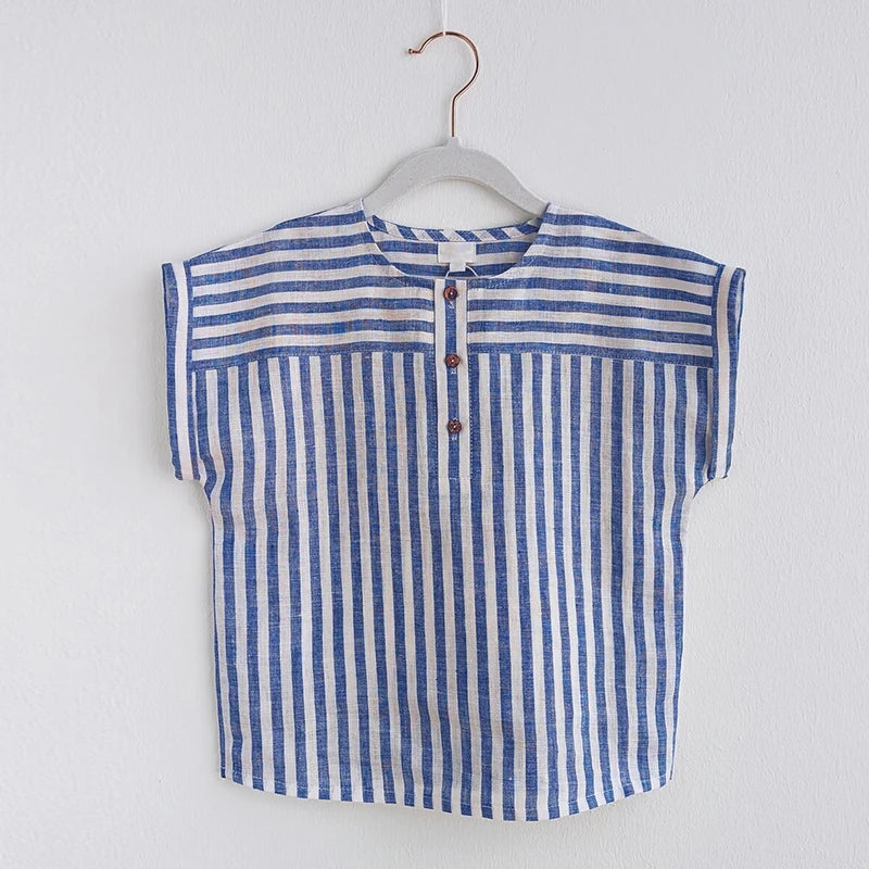 Boys Cotton And Linen Striped Casual T-Shirt 2026 Summer New Children's Round Neck Buttons Short-Sleeved Linen Tops TZ417