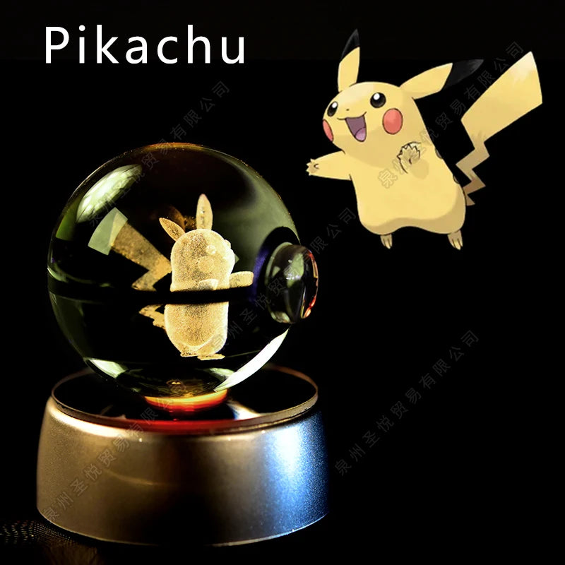 Pokemon Crystal Ball 3D Pikachu Gengar Mewtwo Night Light Lamp Pokeball 3D Glass Pokemon Crystal Ball Statue Kids Birthday Gift