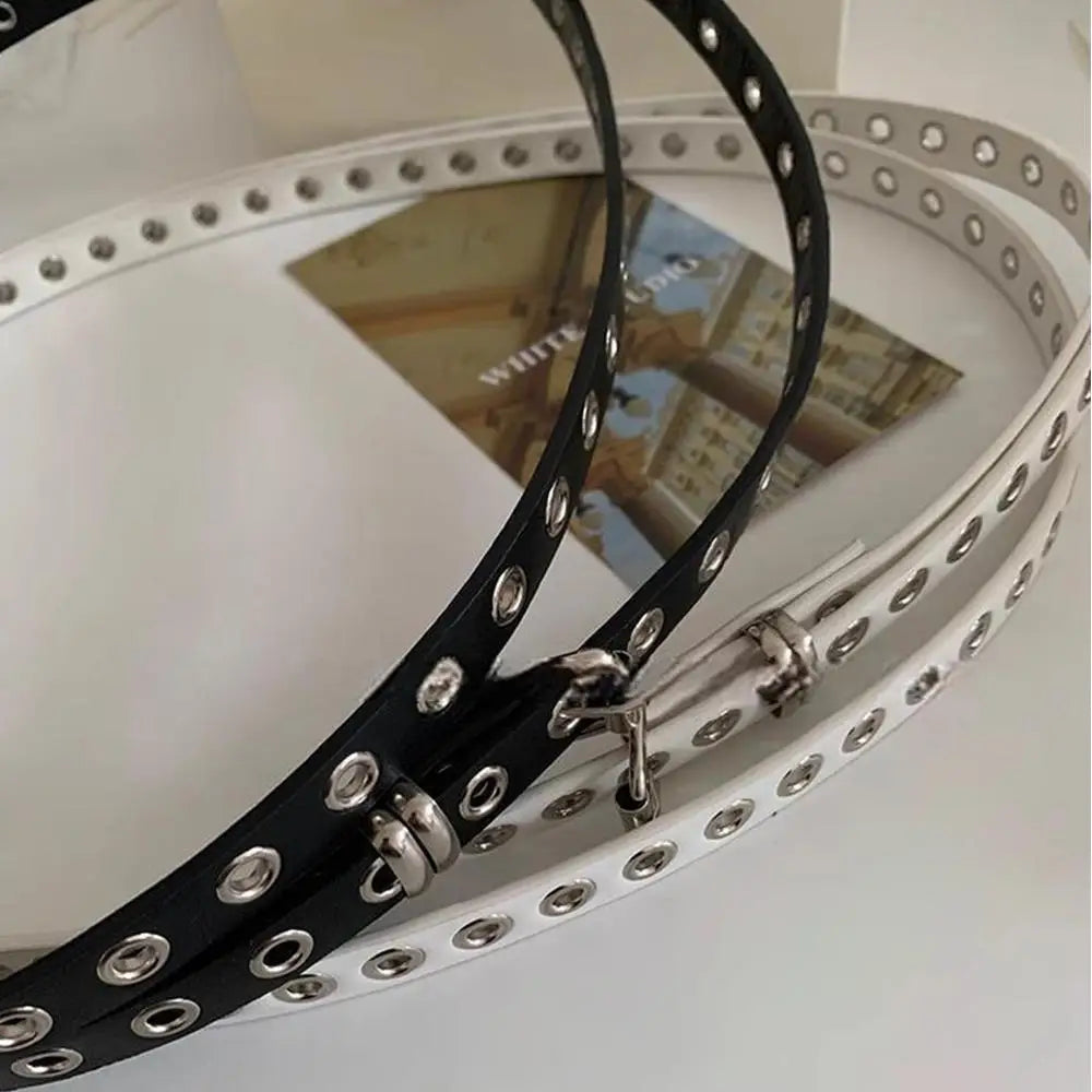 Rivet Eyelet DIY Wear PU Leather Waist Belt Double Circle Waist Chain Knotted Extra Long Thin Waistband Double Layer Hole Belt