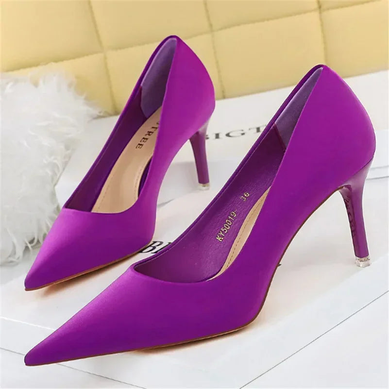 Woman Fashion Career Formal 7.5cm 10.5cm High Heels Colorful Shoes Lady Sweet Blue Yellow Wedding Scarpins Pumps Plus Size 34-43