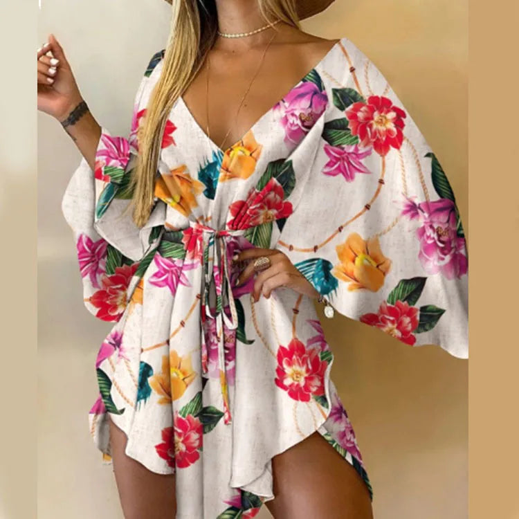 Sexy V Neck Long Batwing Sleeve Floral Print Loose Asymmetrical Dress Summer Women Irregular Leaf Print Party Boho Dresses