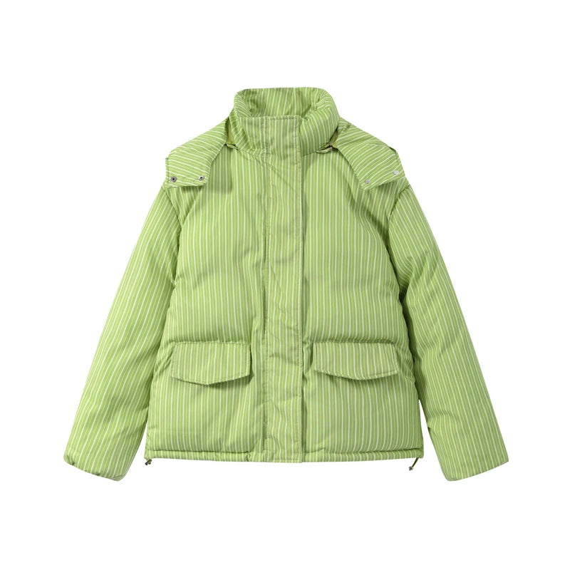 Chic Striped Hooded Puffer Coat Set Women Quilted Full Sleeve Zip Jacket Wide Leg Pants 2026 New Lady Autumn Winter Warm Outfit