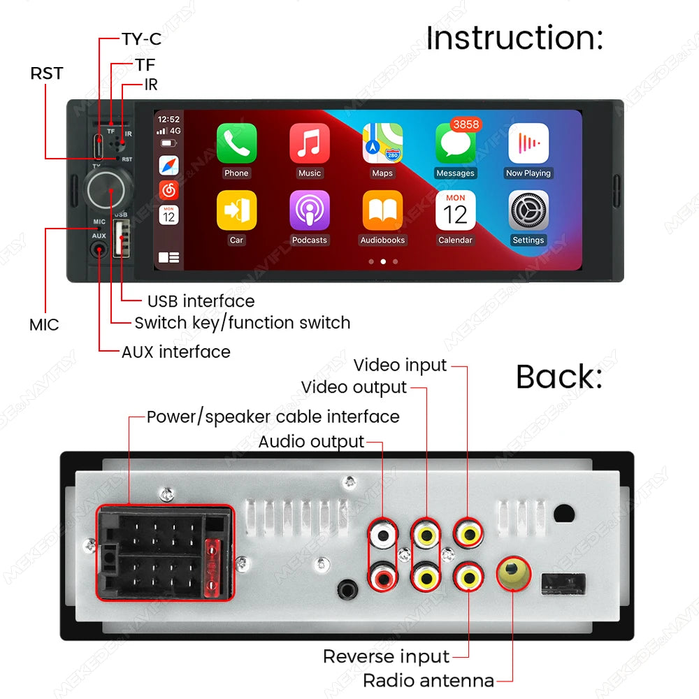 Universal 1 Din Car Stereo 6.86Inch HD Touch Screen Car Multimedia Player Wireless CarPlay Auto BT FM USB Car Radio Audio Player