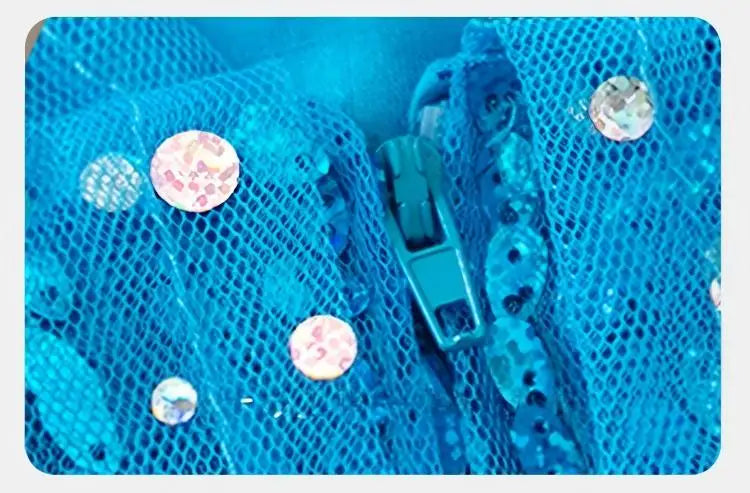 Girl Stunning Princess Maxi Dress All Body Sequin Covered Blue Train Sparkly Tulle Costume Snow Queen Party Elsa Cosplay Outfit
