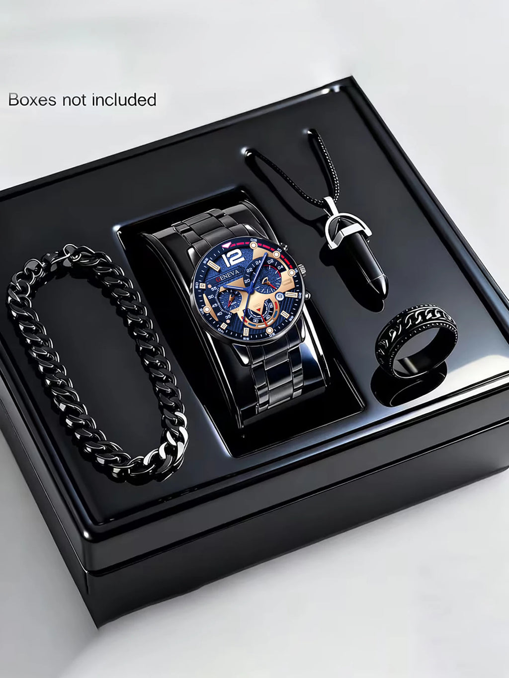 Men's Trendy Quartz Watch Set with Bracelet Necklace Ring Calendar Function Birthday Gift Not including Box