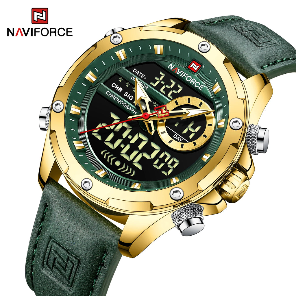 NAVIFORCE Luxury Original Watches For Men Casual Sport Chronograph Alarm Quartz WristWatch Leather Waterproof Digital Clock 9163