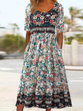 2025 summer new women's Bohemia loose fashion print round neck short sleeve long dress