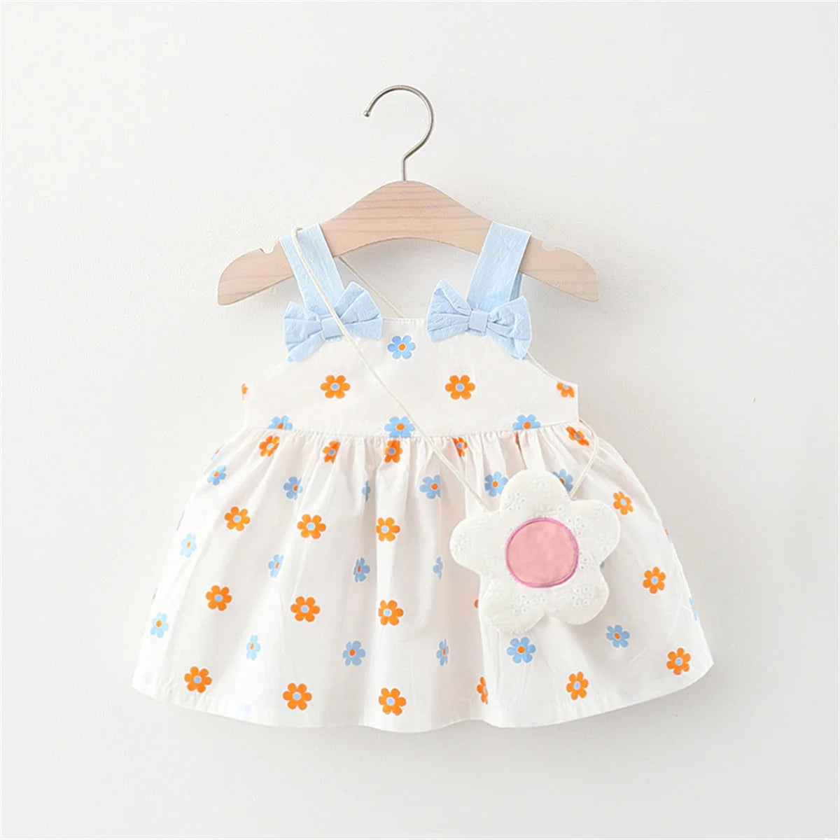 Summer Girls' Dress New 2 Pieces/Set Free Cute Bag Fresh Flower Bow Strap Daily Knee Length Cotton Comfortable Dress
