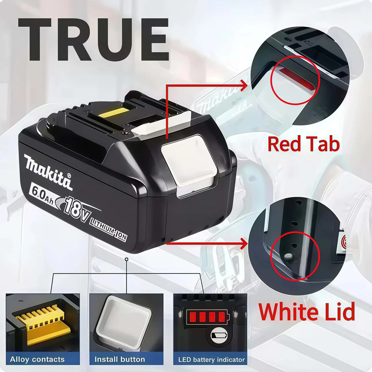 100% Genuine Original Makita 6.0Ah 18V Rechargeable Battery, BL1860B Makita 18V Battery BL1850 BL1840 BL1860 Replacement Lithium