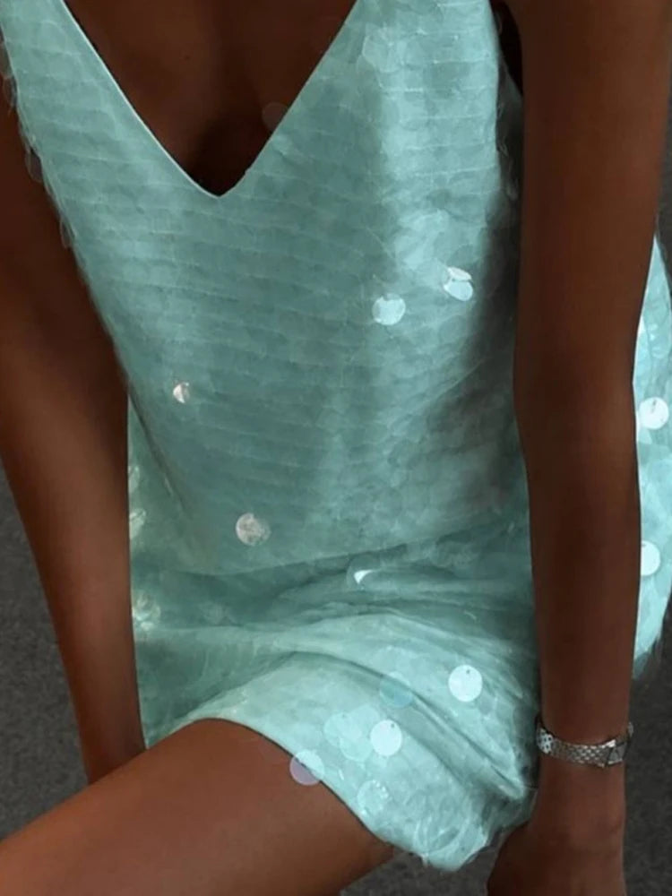 Sexy Sequin Lace Trim Patchwork Short Dress Women V Neck Sleeveless High Waist Mini Sling Dresses 2026 Summer Vacation Lady Robe