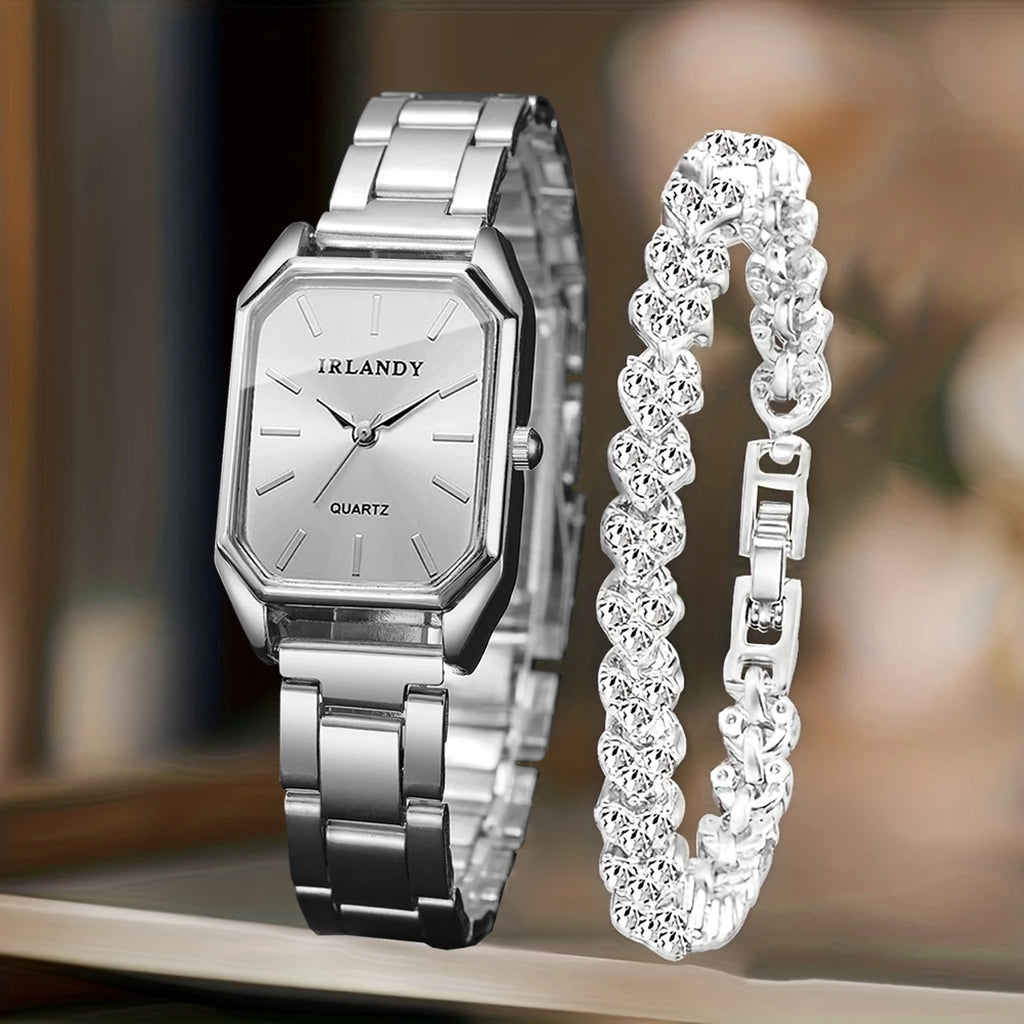 2PCS Fashion Rectangle Women Quartz Watch Rhinestone Bracelet Set Elegant Ladies Wristwatches Relogio Feminino（Without Box）