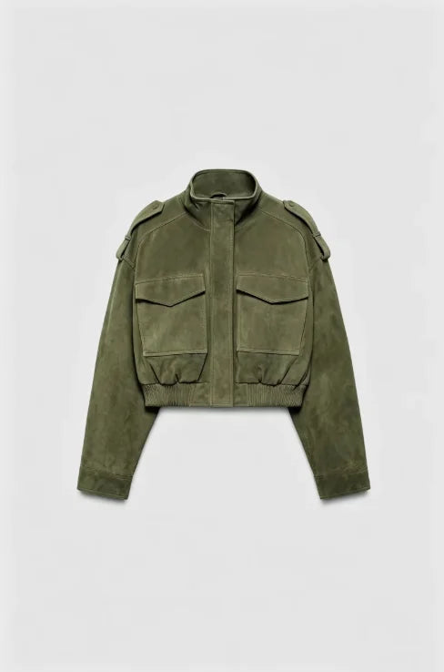 Women Faux Suede Cropped Jacket Stand Collar Zip Up Flap Pockets Loose Oversized Long Sleeve Jacketsfashion 2026 New Autumn Coat