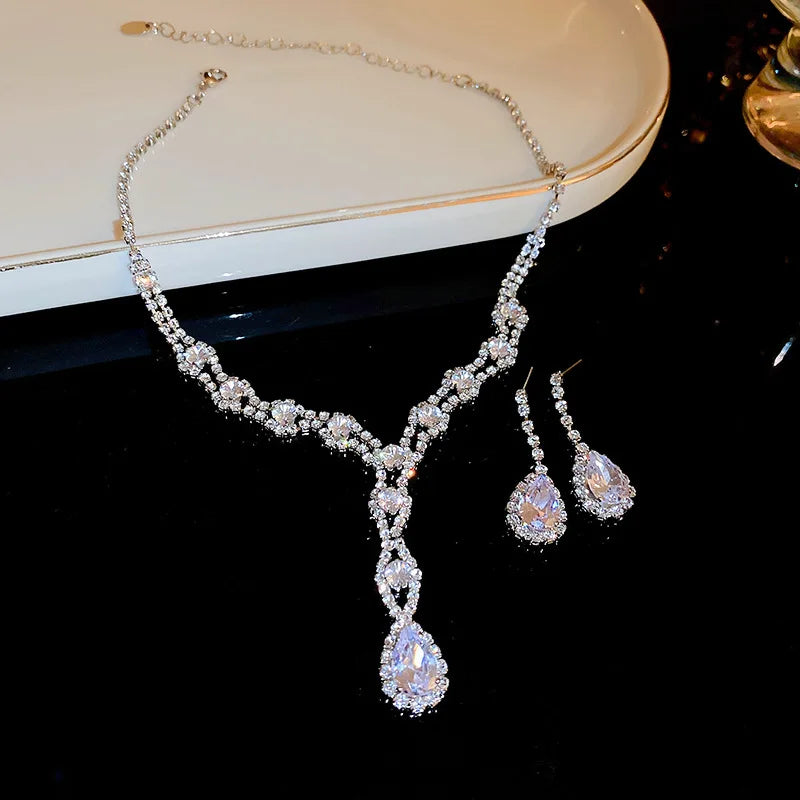 Sparkling Rhinestone Necklace Drop Earrings For Women Geometric Water Droplet Pendant Necklaces Wedding Bride Jewelry Sets