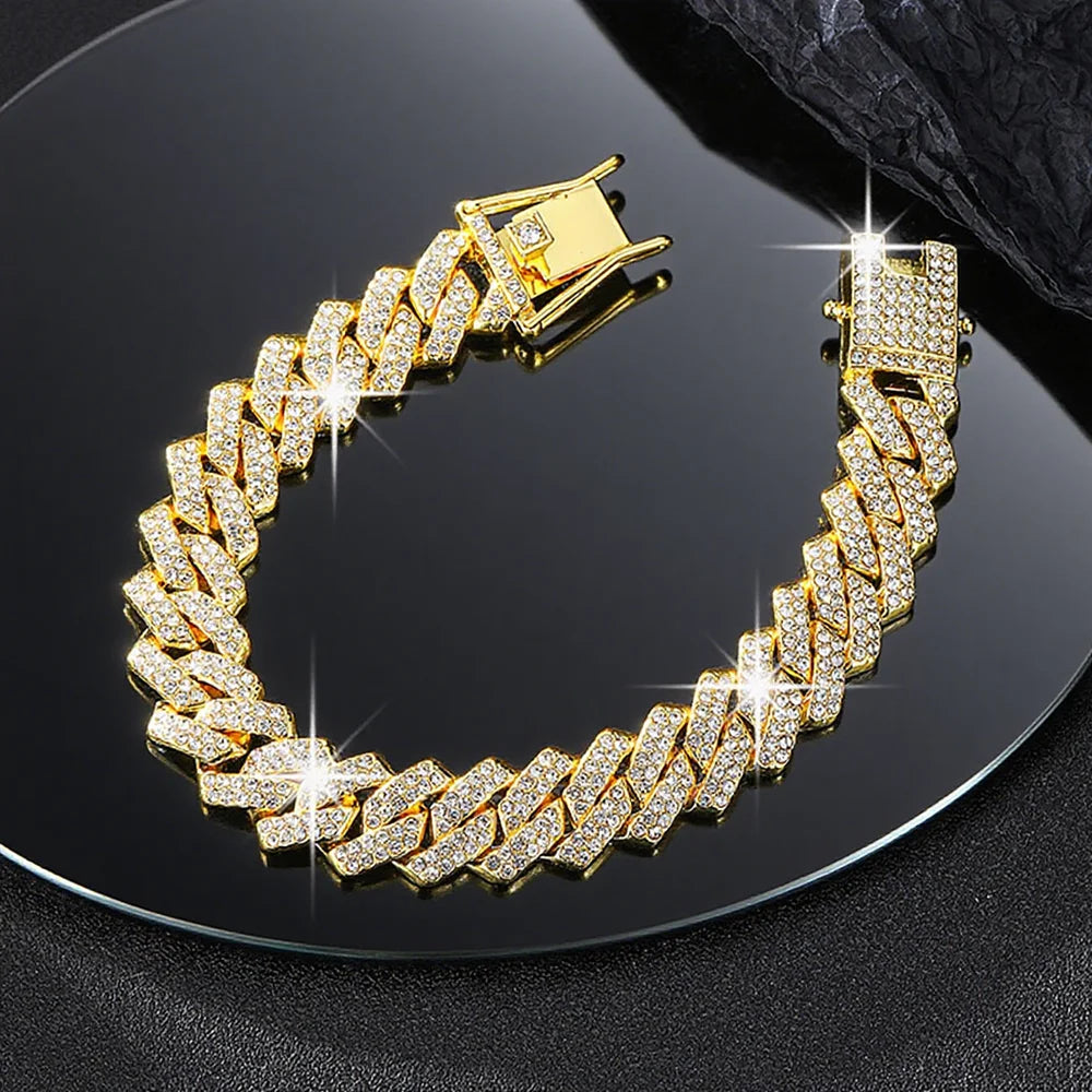 Fashion Hip Hop Square 14MM Cuban Link Necklace Men Gold Color Women Rhinestone Iced Out Cuban Chain Punk Jewelry Necklaces Gift