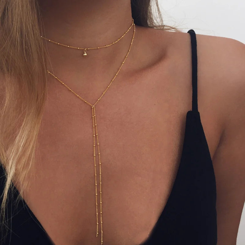 Vintage Gold Color Long Chain Drop Necklaces for Women Simple Metal Geometric Bead Tassel Choker Party Aesthetics Jewelry