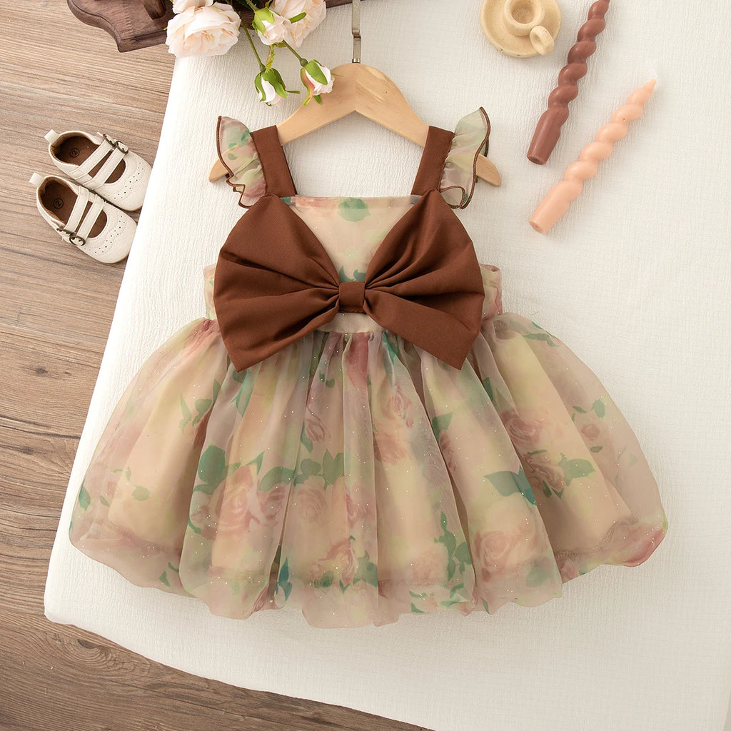 Girls' Dress Summer Bow Floral Puff Sleeve Baby Girl Dress Adorable Princess Baby Dress Baby Girl Clothes