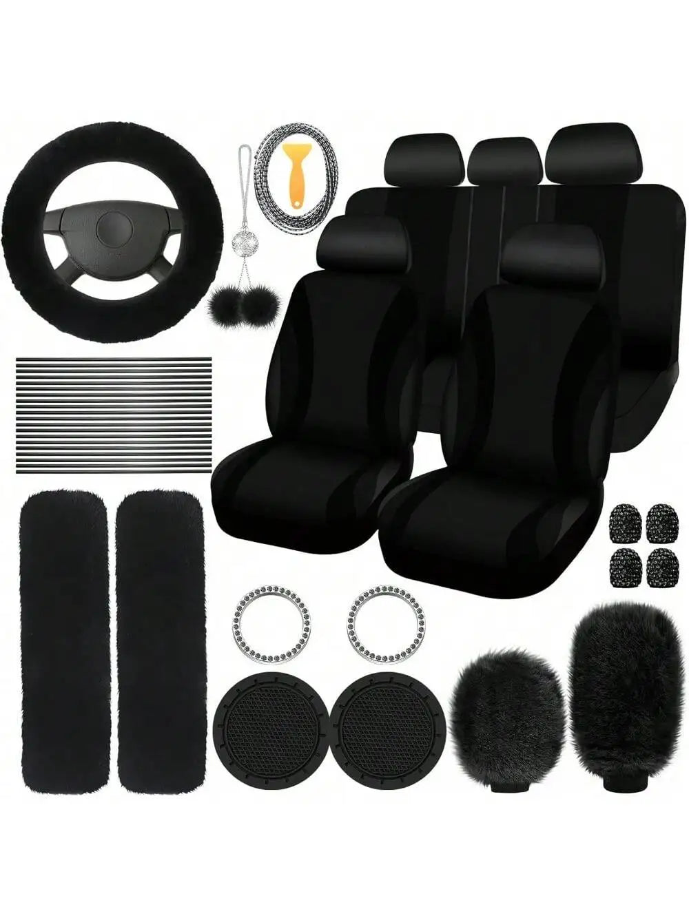 35-Piece Car Seat Cover Set With Steering Wheel Cover, Cup Holder Coasters, Shoulder Pads, And Accessories - Polyester Fabric Interior Decor Kit Without Filler,Purple