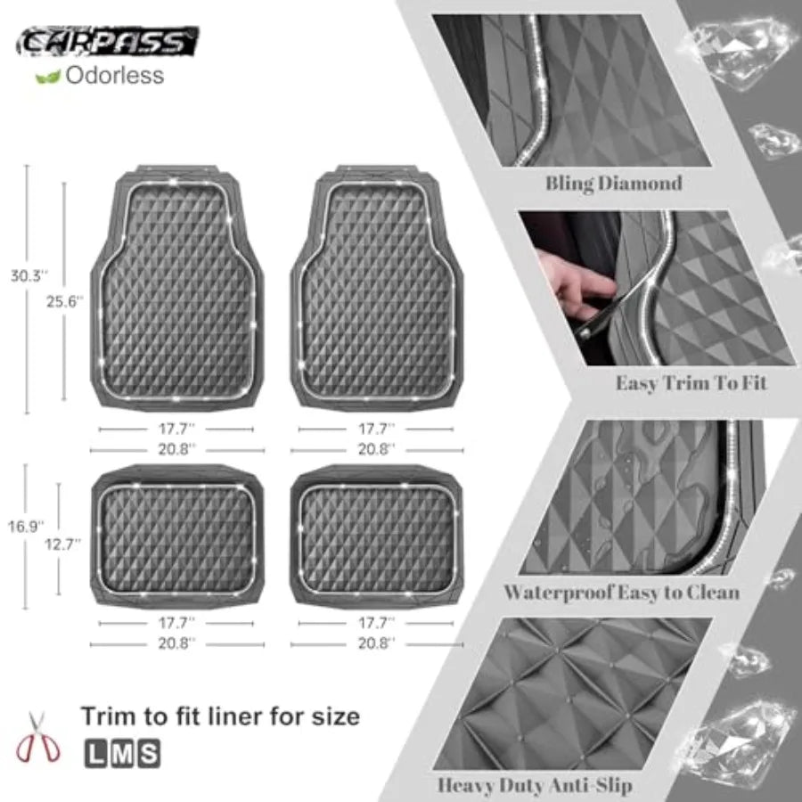Bling Diamond Rubber Car Mats for All-Weather Use, Gray Heavy Duty Deep Dish 3D Rhombus Waterproof Anti-Slip Floor Mat Set with