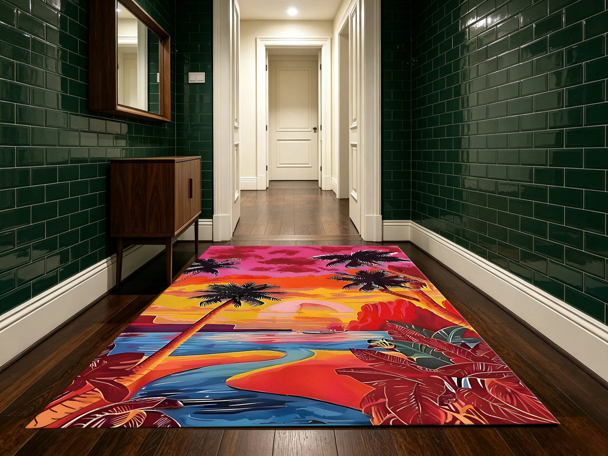 Large Area Rug Retro Contrasting Palm City Print Soft Velvet Living Room Bedroom Home Decor Area Rug