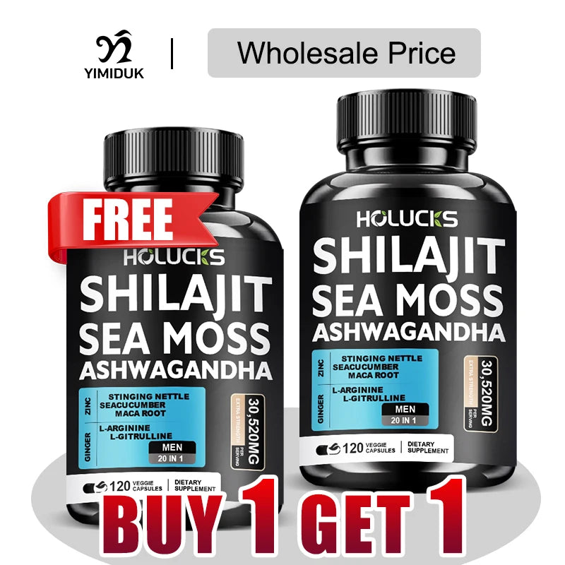 Buy 1 Get 1 Free! Pure Shilajit & Sea Moss Supplement, for Boosts Testosterone, Energy & Stamina, Supports Male Vitality, Men