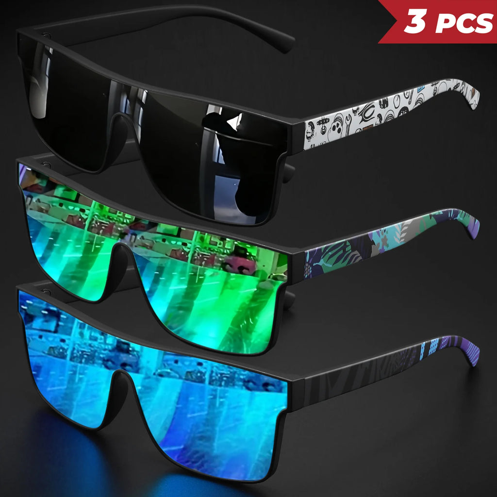 3PCS Colorful Sports Sunglasses - One-Piece Lens with Patterned Temples, UV400 Unisex for Cycling, Hiking & Beach
