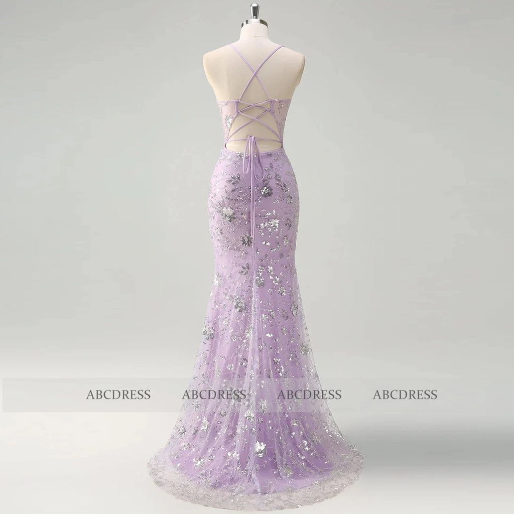 Customized Sparkly Floral Sequin Applique Long Prom Dress Mermaid Maix Evening Gown Elegant Sheer Corset Criss Cross with Slit