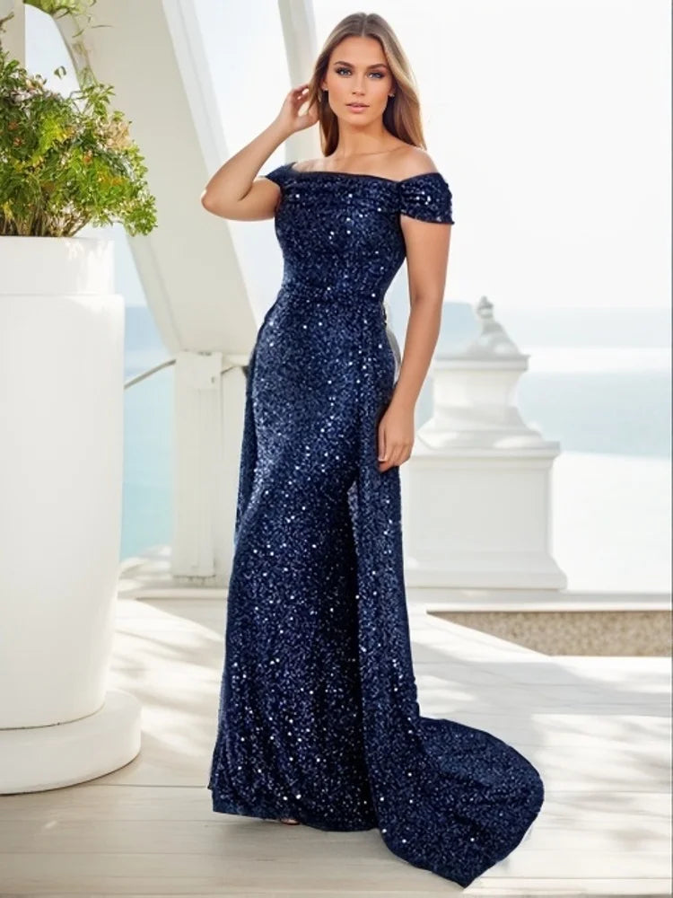 Romagic Navy Blue Slash Neck Off Shoulder Prom Gown Sequin Detachable Train Mermaid Evening Party Dresses Cocktail Dress 2025