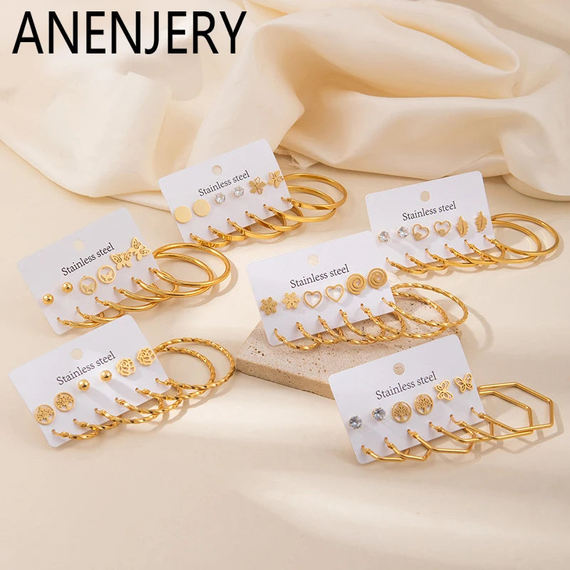 ANENJERY 316L Stainless Steel Circular Beads Star Flower Heart Zircon Earrings For Women Simple Fashion New Jewelry Wholesale
