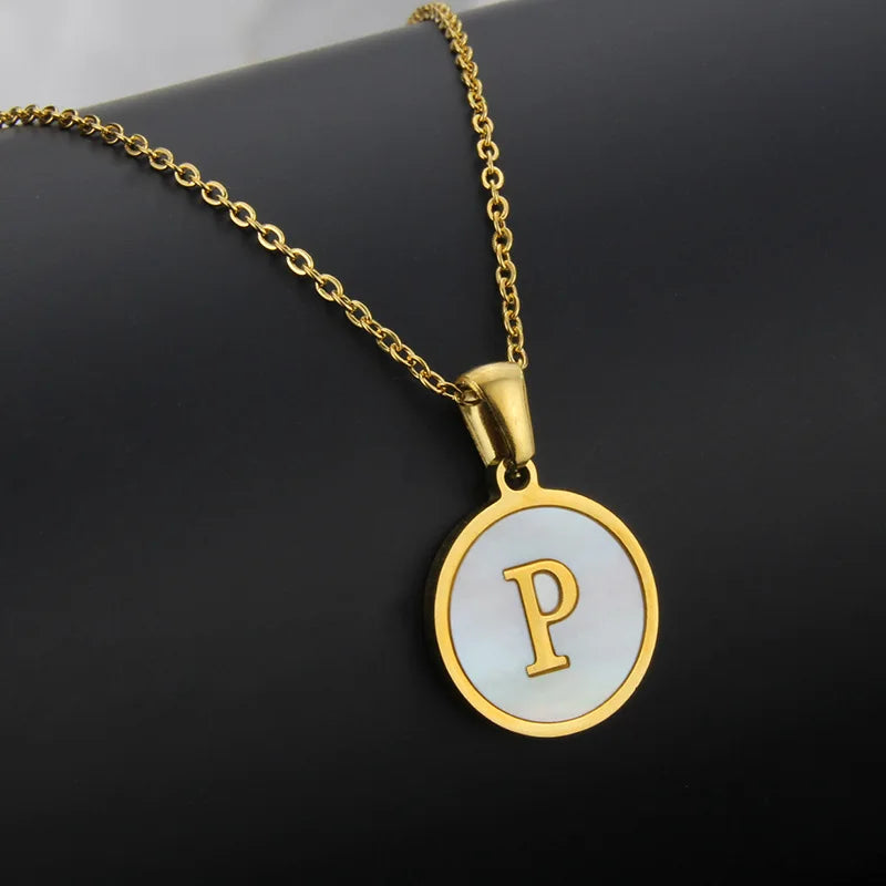 Initial Letter Necklaces for Women Trendy Stainless Steel Circle Couple Pendant Inlaid Shell Jewelry