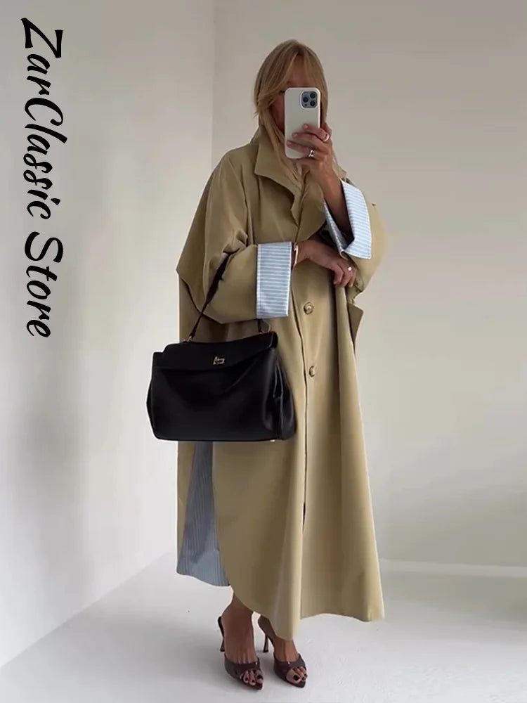 Elegant Khaki Women's Trench Coat Autumn High Neck Full Sleeve Loose Split Long Windbreaker Lady New Casual Chic Jacket 2026